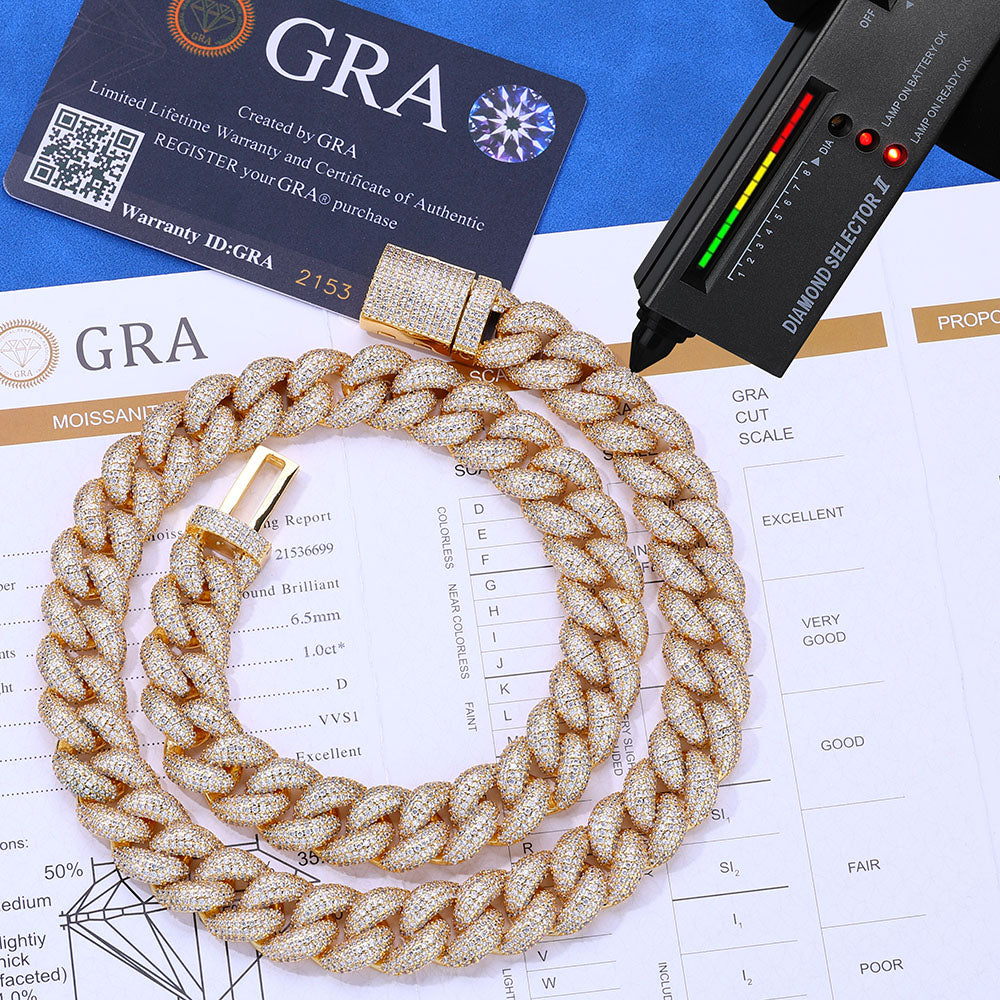 15mm 3 Row Iced Out Miami Cuban Link 925 Moissanite Chain